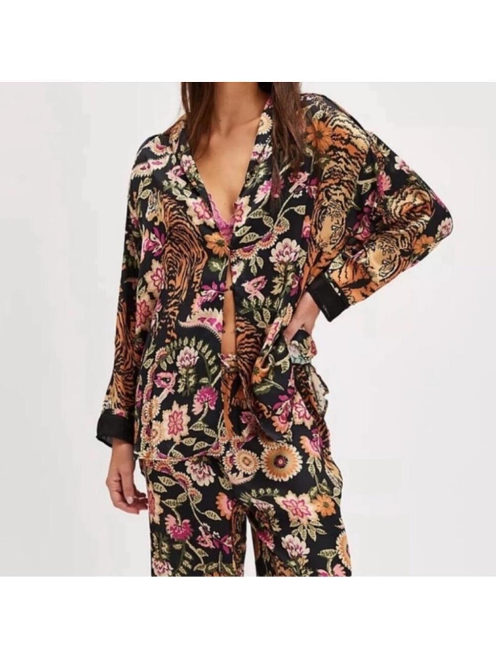 🆕 NWT FP Pajama SET Iron Combo Tiger Floral Print SILKY oversized XL Long Tall - Picture 2 of 16